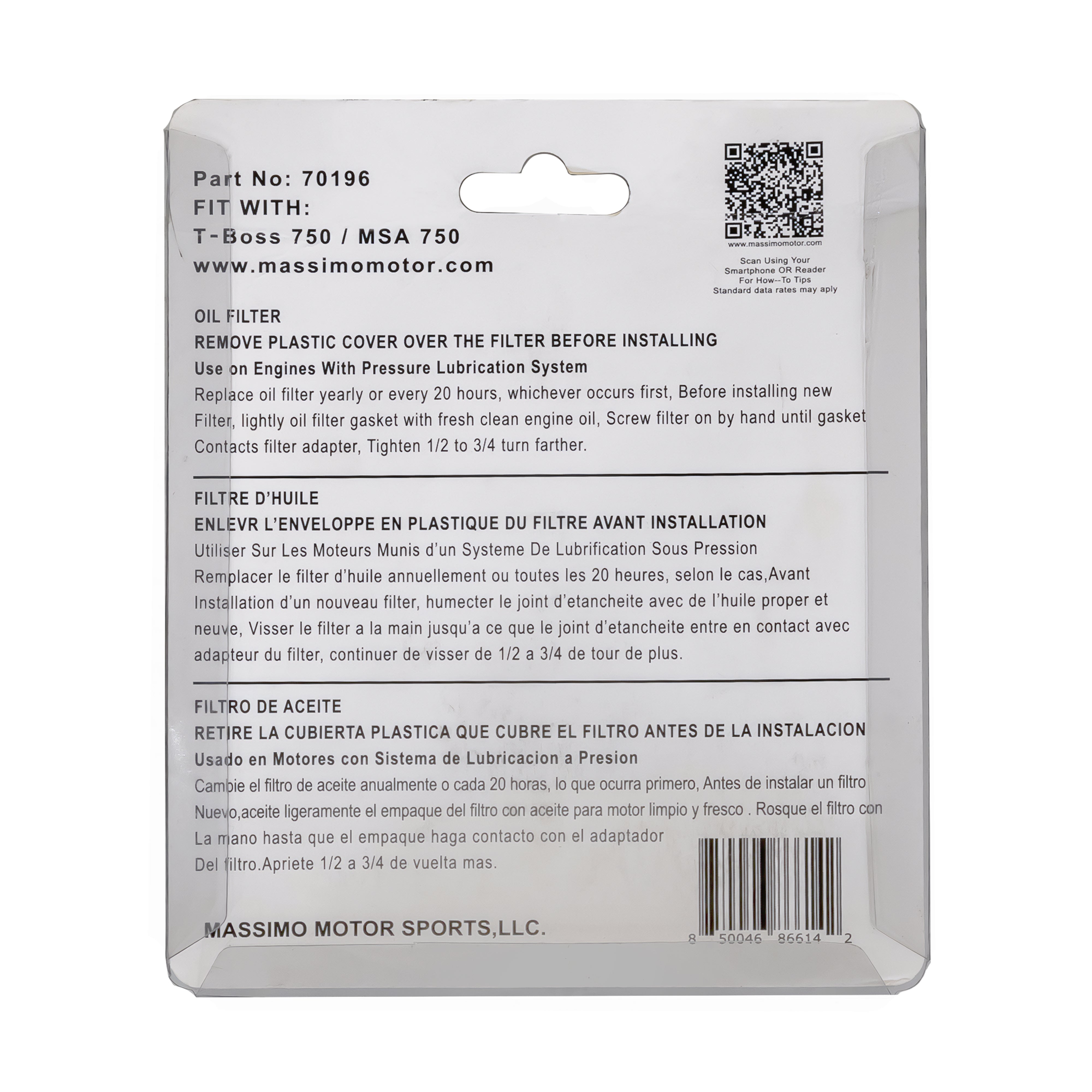 70196 Oil Filter for T-Boss 750 or MSA750