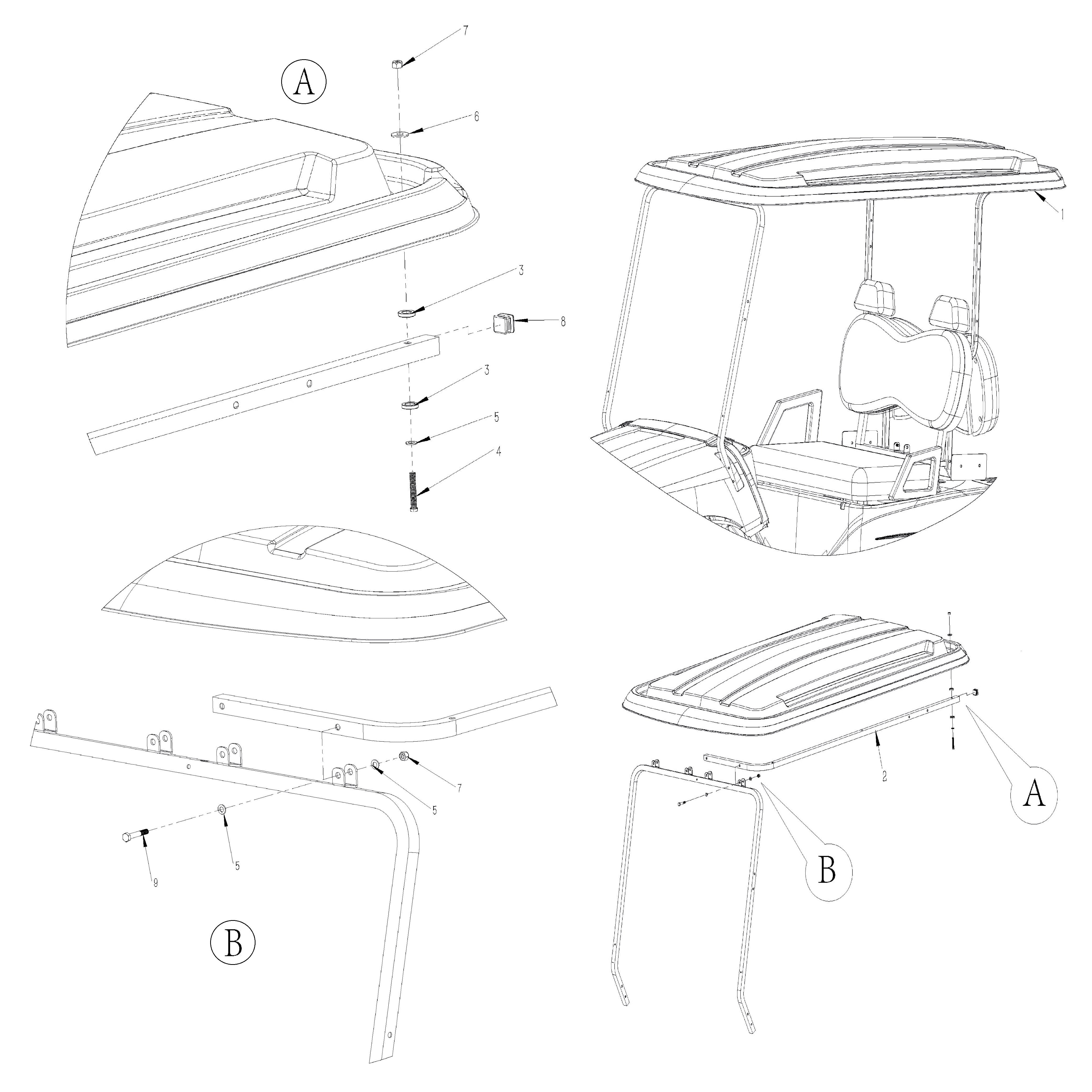 GMF2X Golf Cart Part - Roof Assembly