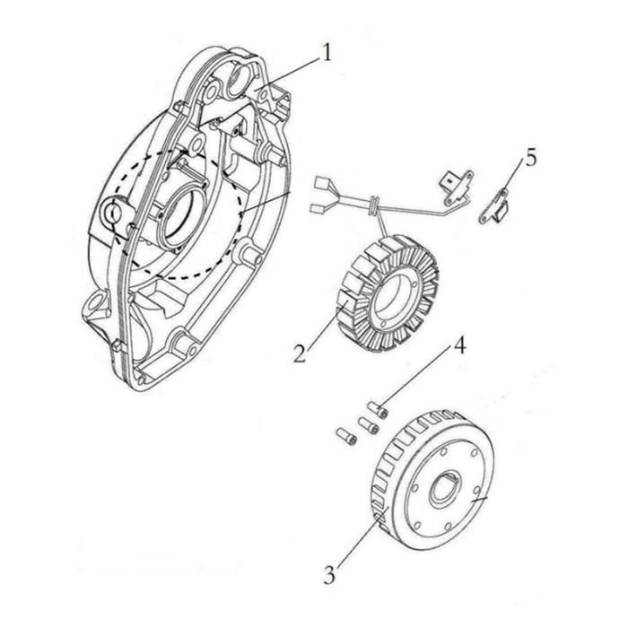 MSA 750 ASSEMBLY RELATIONA OF THE GENERATOR, THE RIGHT COVER AND THE REGULATOR RECTIIFIER